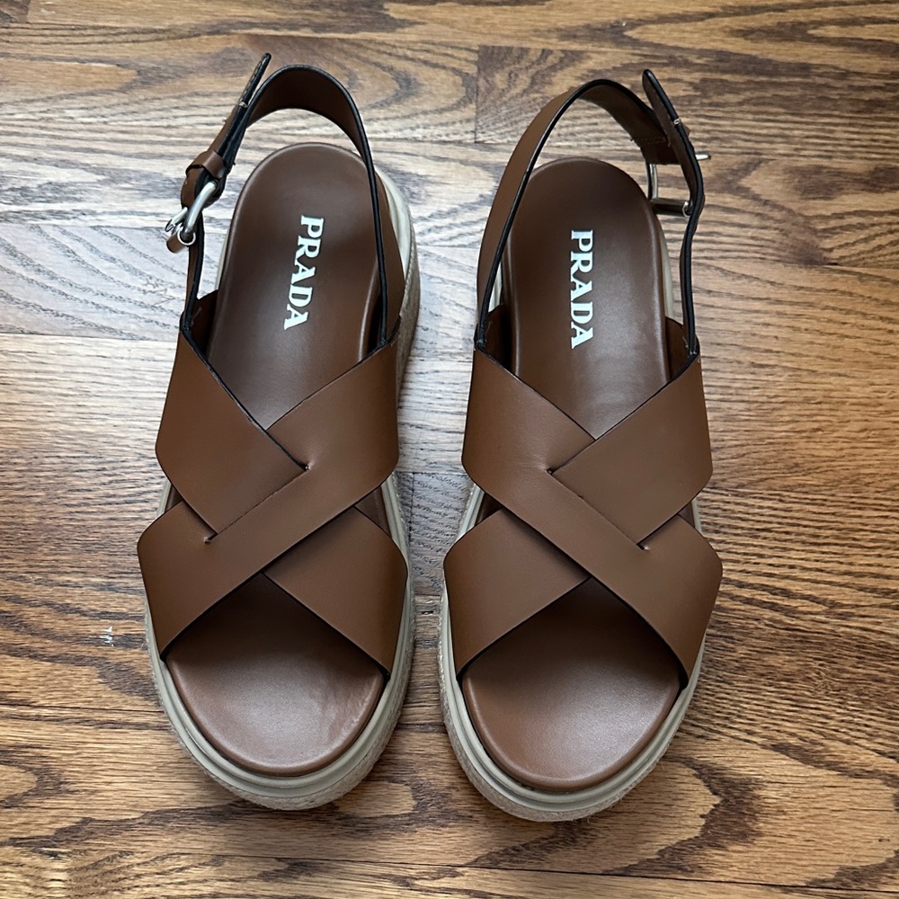 Prada Tan Leather Cross-Strap Espadrille Sandals